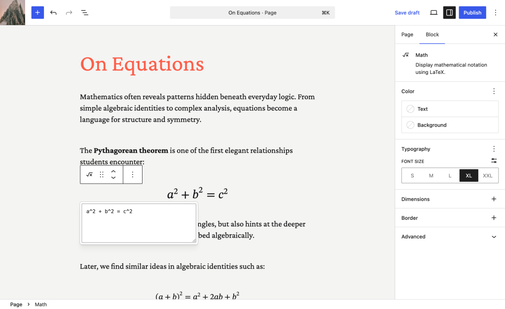 standard styling option added to the Math block